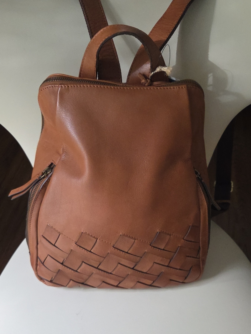 Women’s Woven Accent Tan Leather Backpack